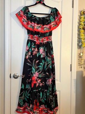 Colleen Lopez Black Maxi Dress with Red and Teal Floral Print